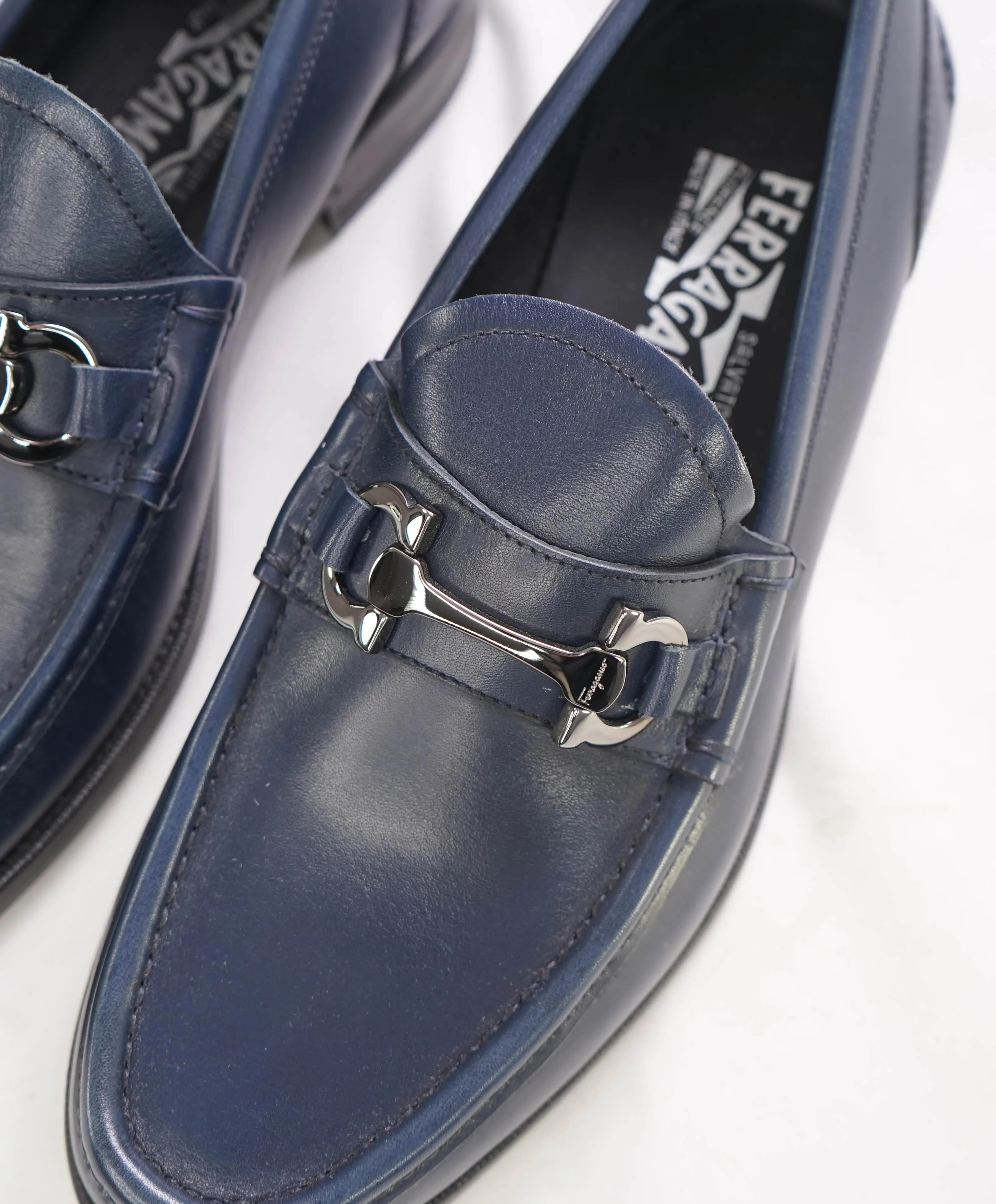 $850 SALVATORE FERRAGAMO -  Navy Blue Leather Gancini Loafer- 8 EEE
