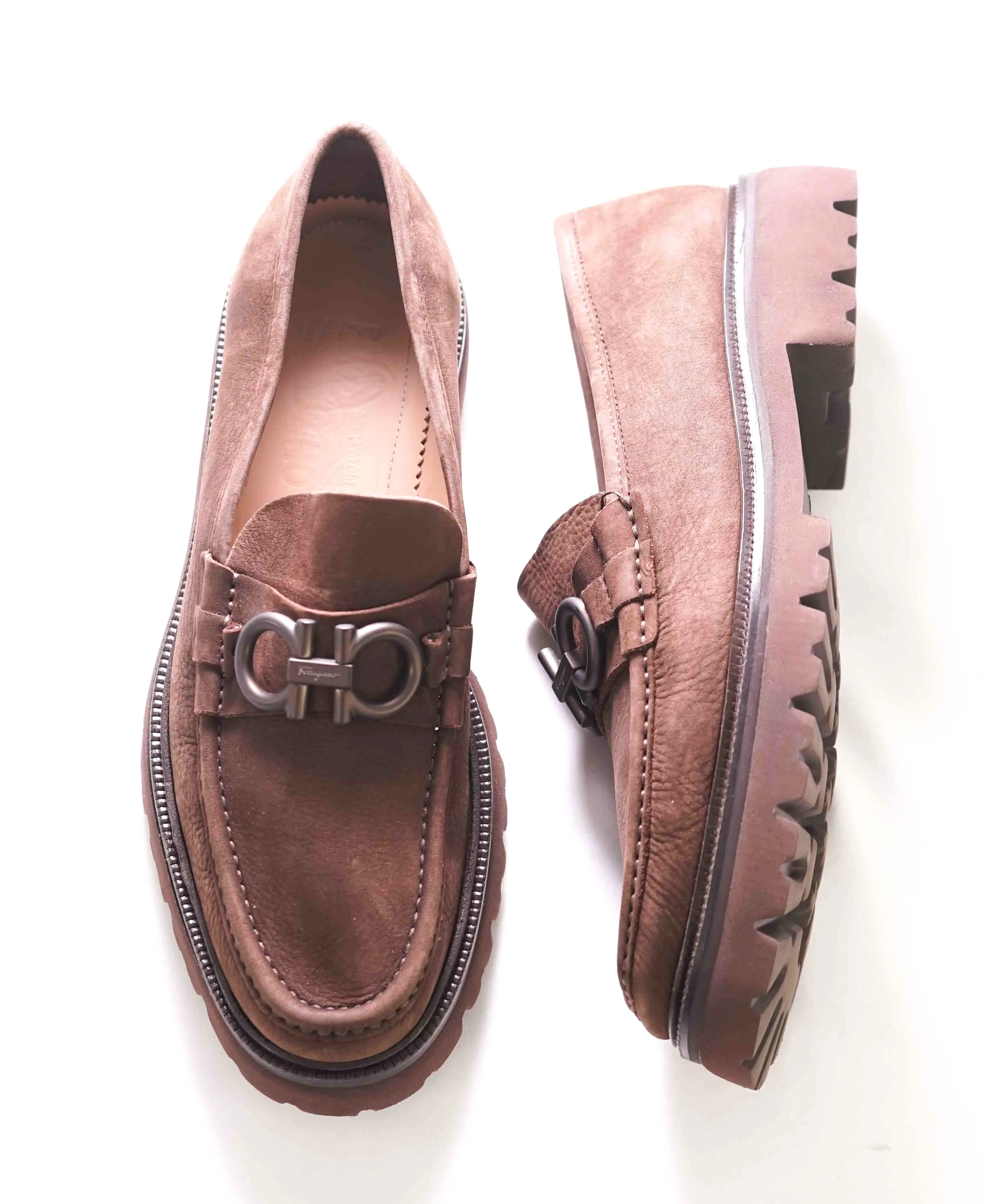$930 SALVATORE FERRAGAMO - *BLEEKER* Brown Suede Lug Sole Loafer - 9.5 US