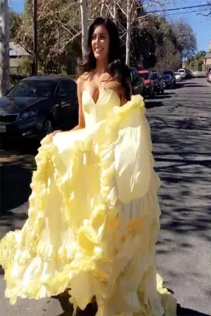A Line Sweetheart Chiffon Asymmetrical Long Yellow/Pink Prom Dresses with Ruffles OHC519