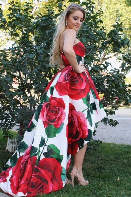 A-Line Sweetheart High Low Red Rose Floral Satin Prom Dress OHC103