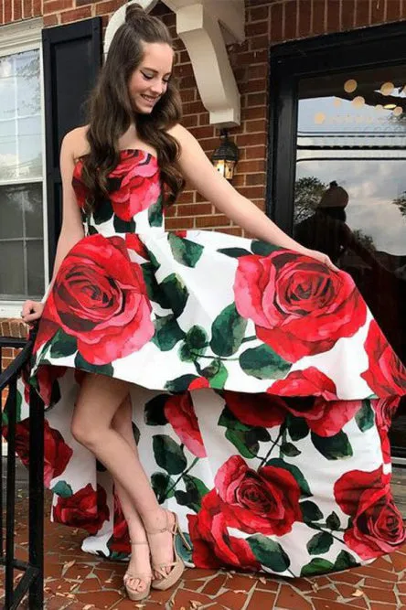 A-Line Sweetheart High Low Red Rose Floral Satin Prom Dress OHC103