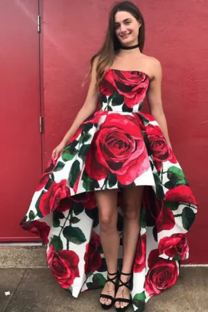 A-Line Sweetheart High Low Red Rose Floral Satin Prom Dress OHC103