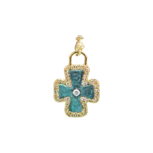 ARTIFACT ROUNDED CROSS ENHANCER WITH WHITE DIAMONDS AND TEAL PATINA