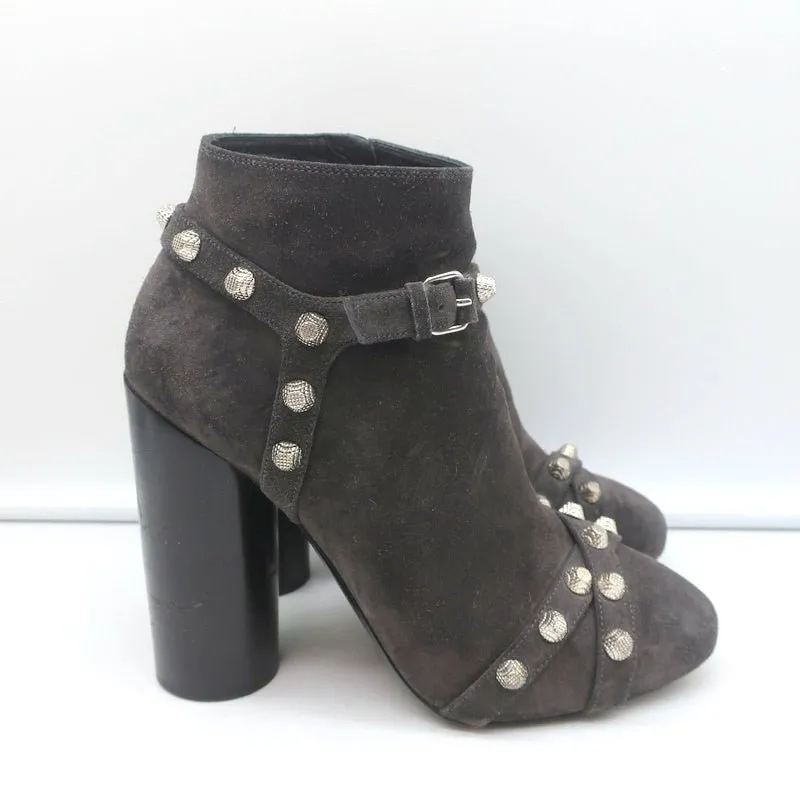 Balenciaga Studded Ankle Boots Dark Gray Suede Size 36.5 High Heel Booties