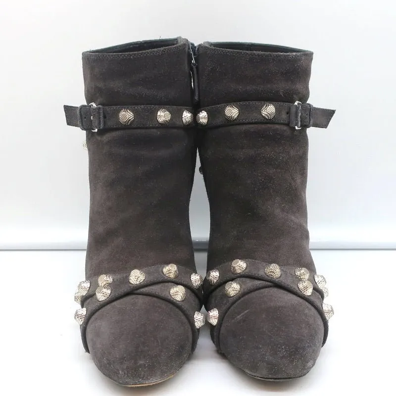 Balenciaga Studded Ankle Boots Dark Gray Suede Size 36.5 High Heel Booties