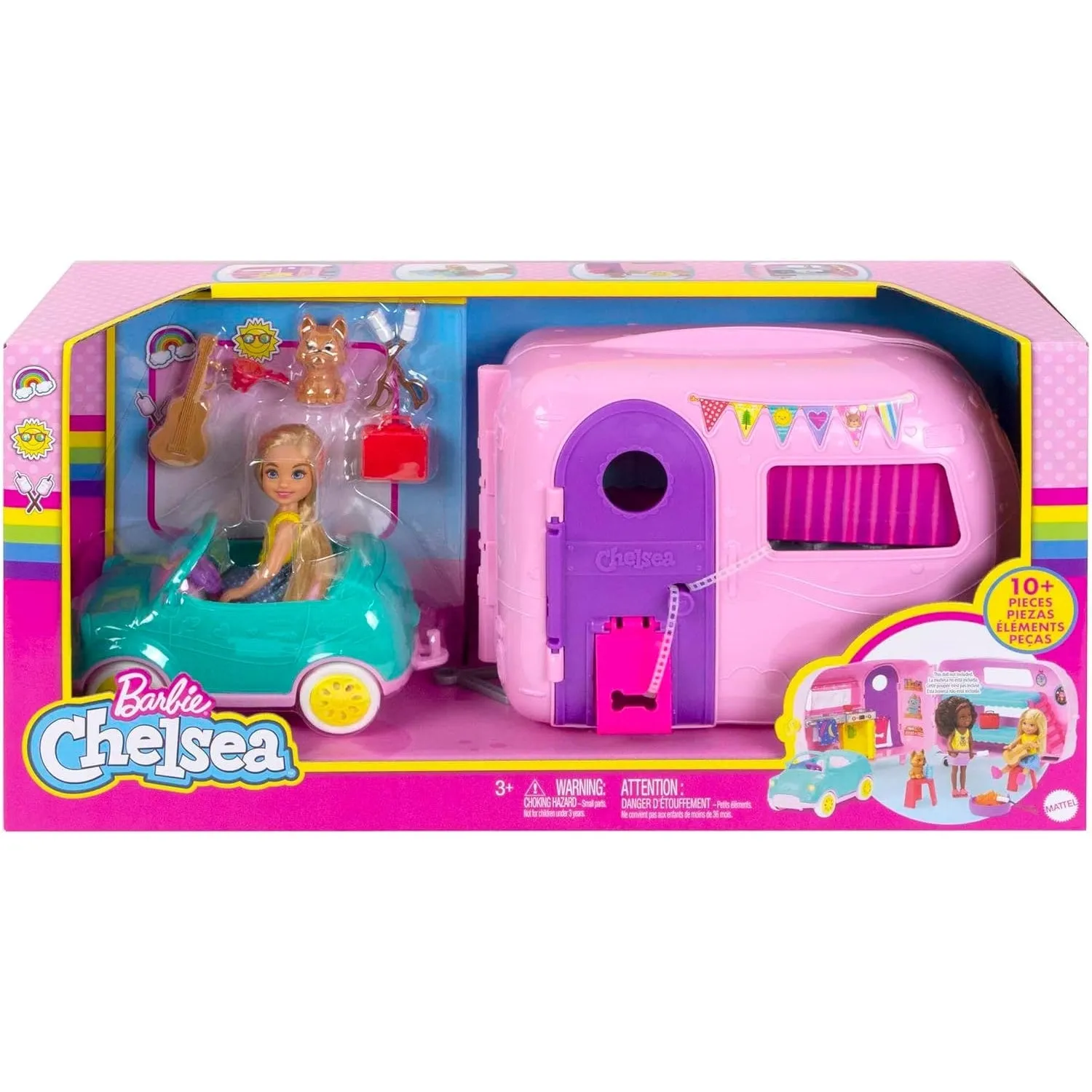 Barbie Chelsea Serie, Chelsea Auto und Camper Set mit 10  Barbie Camping Accessoires