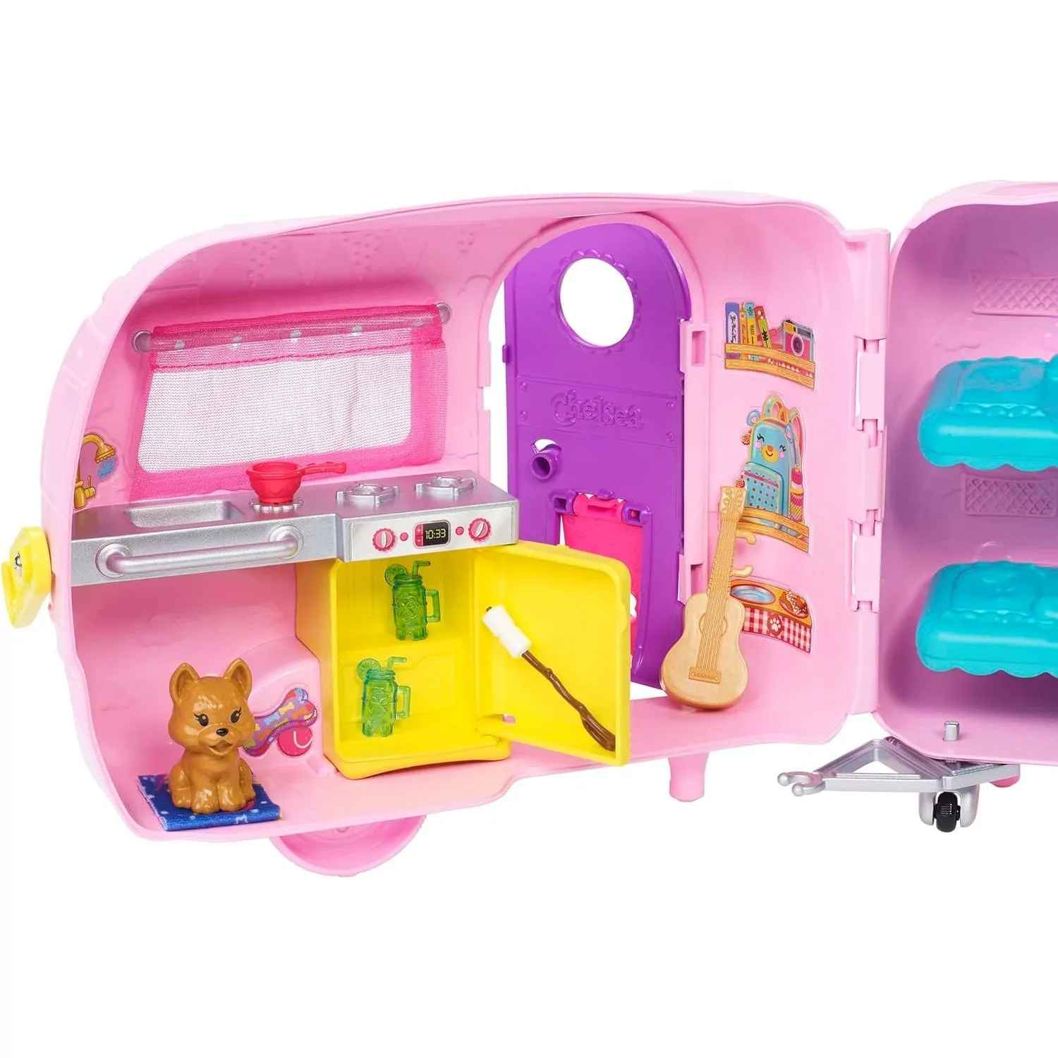 Barbie Chelsea Serie, Chelsea Auto und Camper Set mit 10  Barbie Camping Accessoires