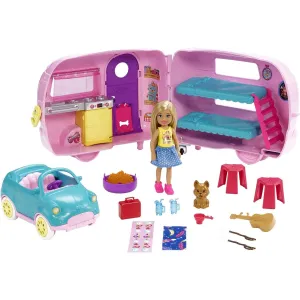 Barbie Chelsea Serie, Chelsea Auto und Camper Set mit 10  Barbie Camping Accessoires