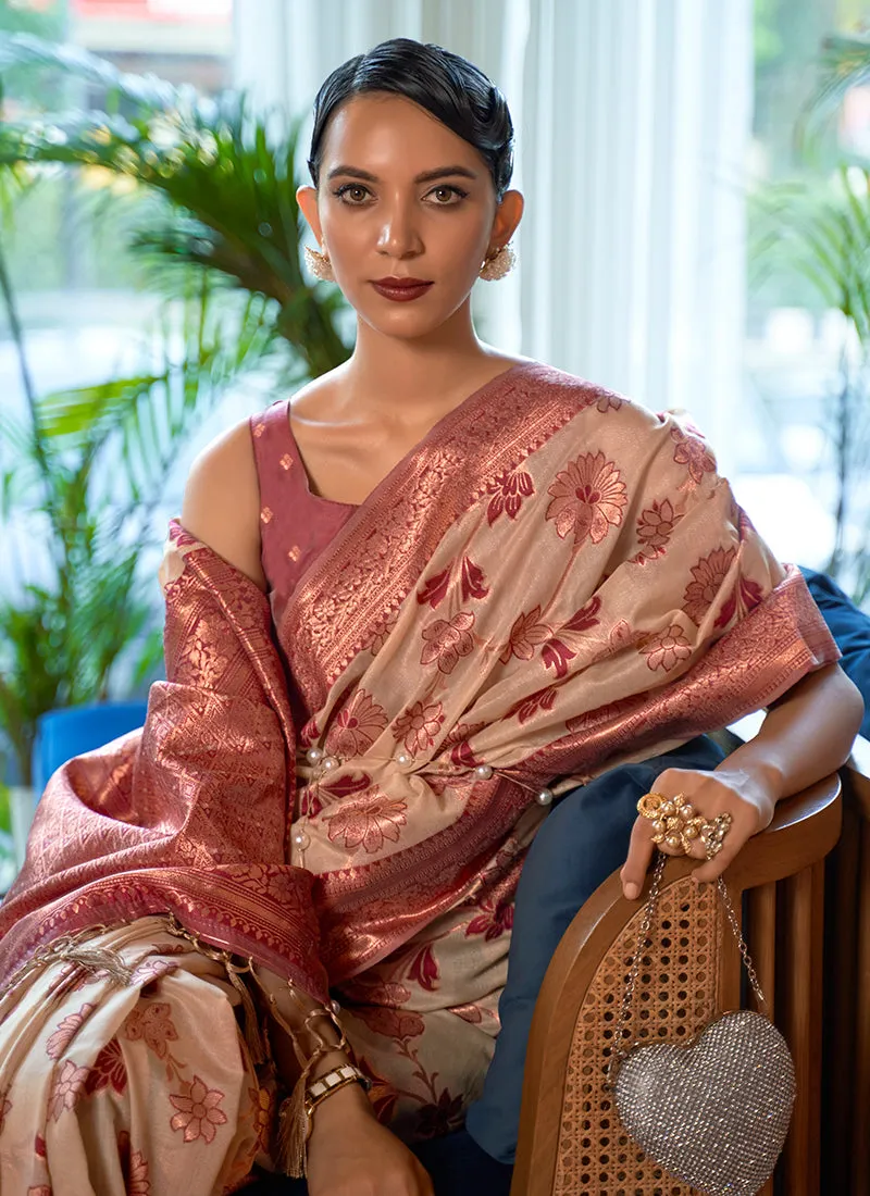 Beige And Rose Zari Weaved Jacquard Silk Saree