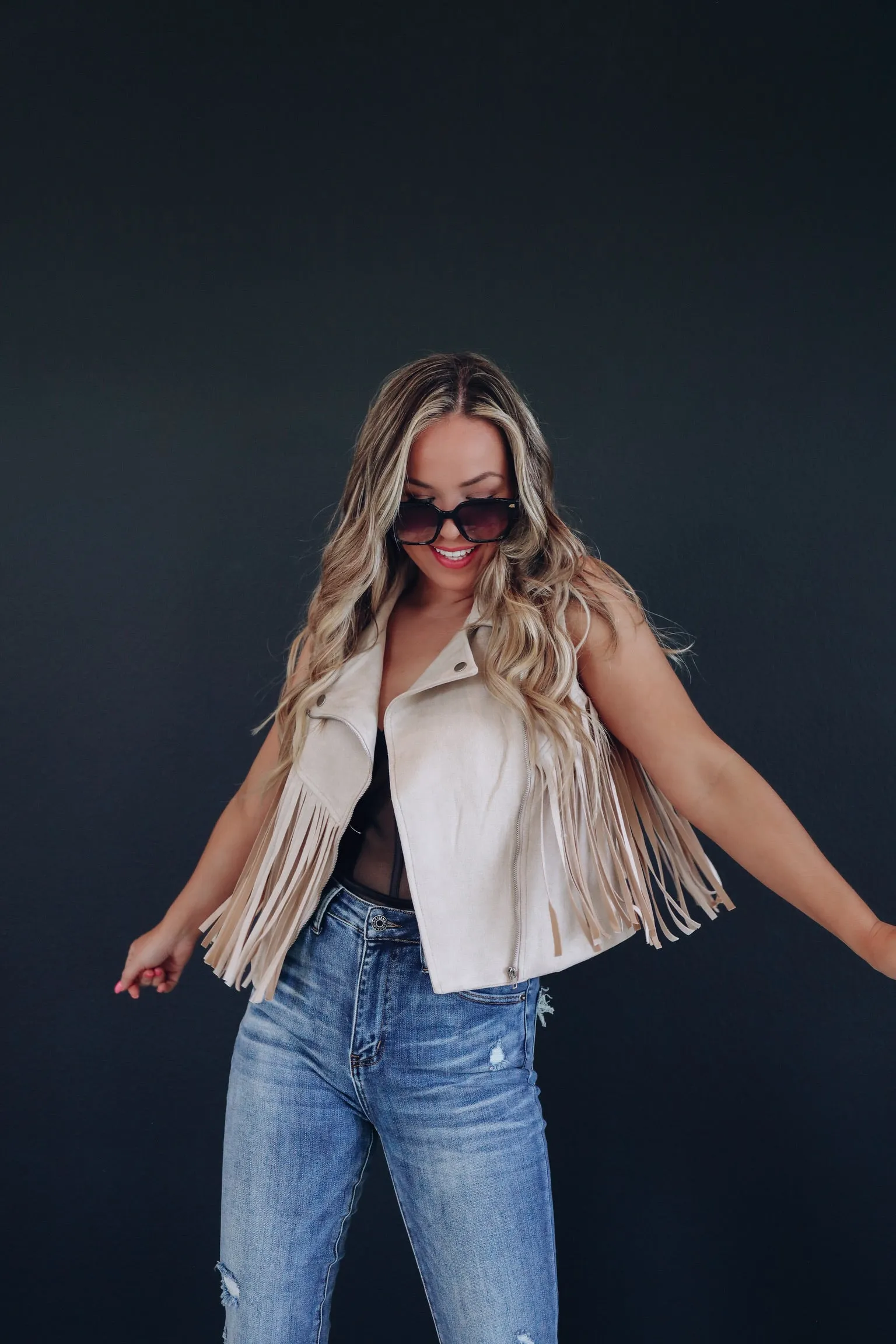 Bindi Fringe Faux Suede Vest - Sand