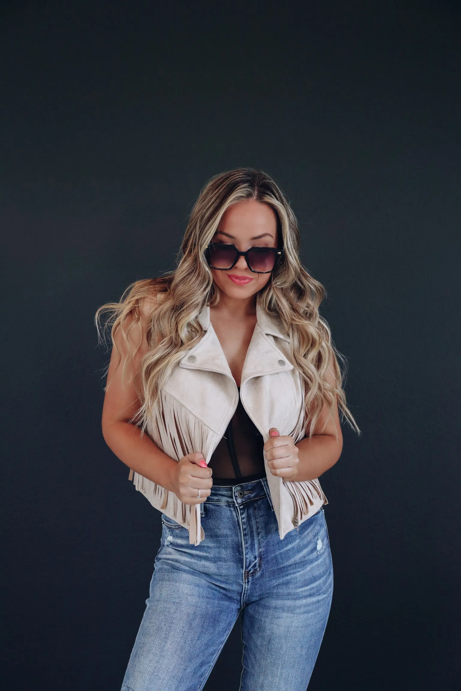 Bindi Fringe Faux Suede Vest - Sand