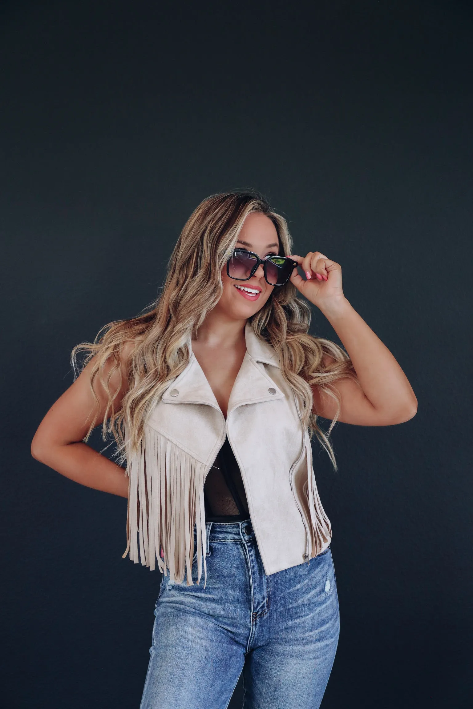 Bindi Fringe Faux Suede Vest - Sand