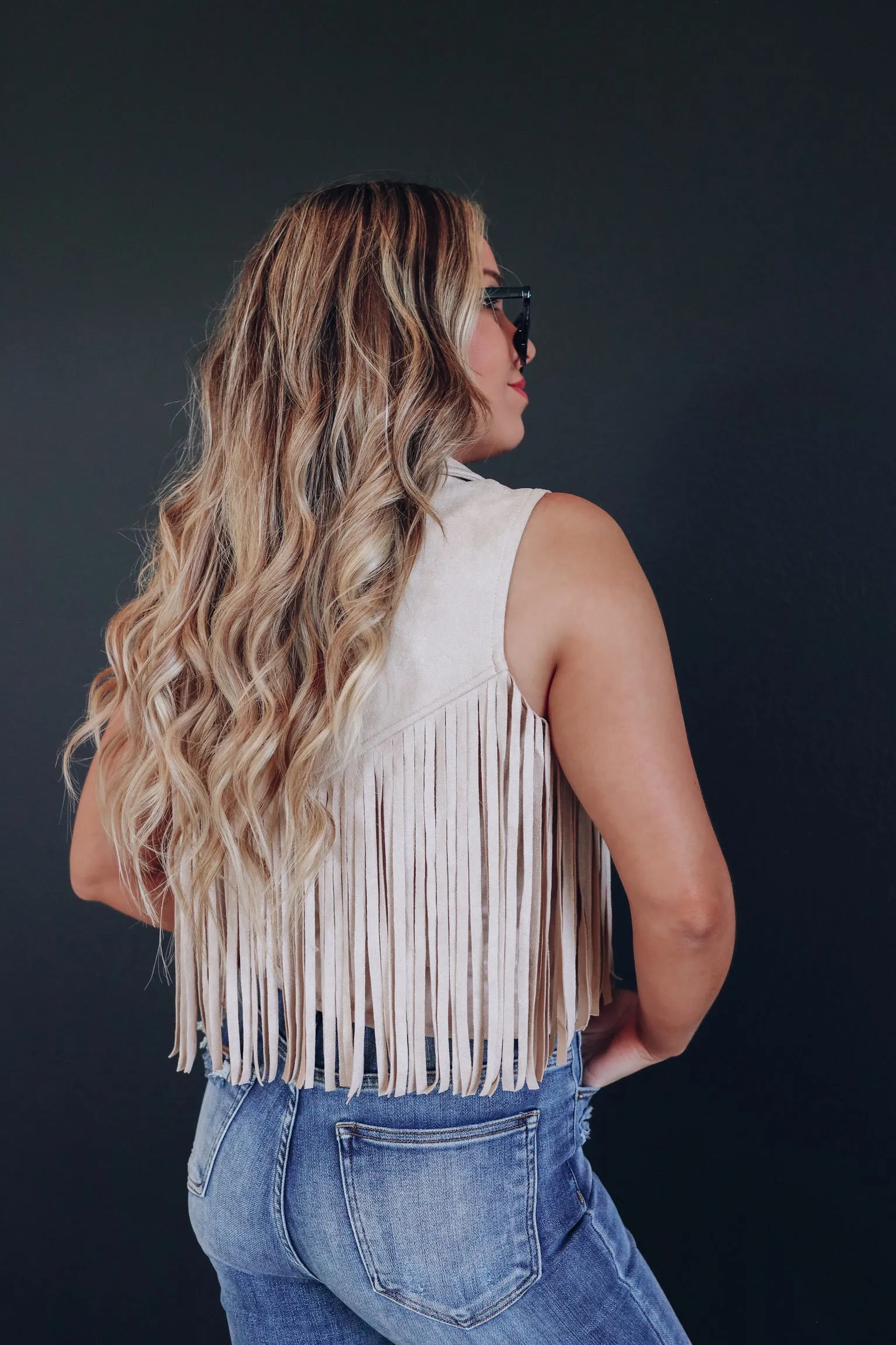Bindi Fringe Faux Suede Vest - Sand