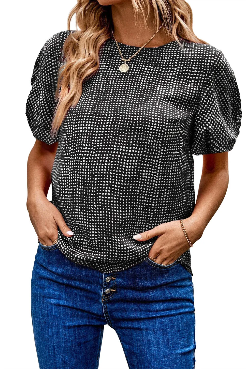 Black Cheetah Short Puff Sleeve Blouse