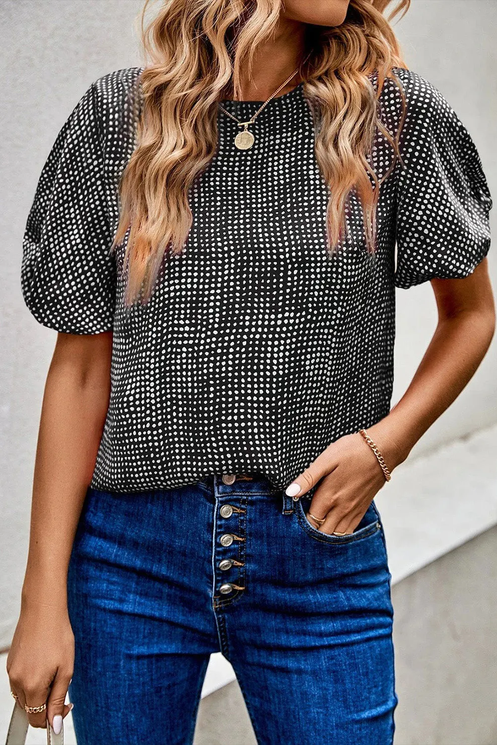 Black Cheetah Short Puff Sleeve Blouse