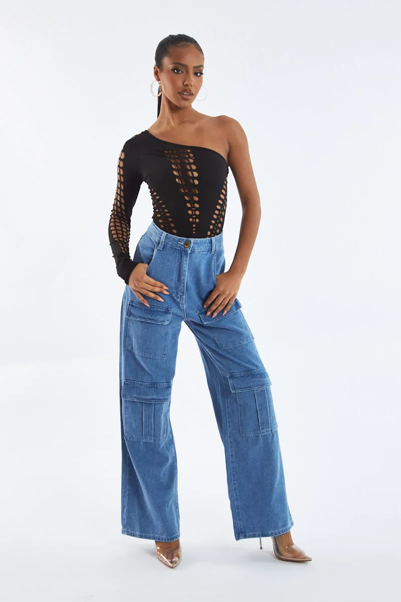 Black Cutout One shoulder Bodysuit - Elia