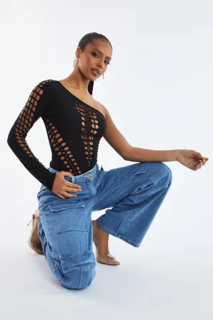 Black Cutout One shoulder Bodysuit - Elia