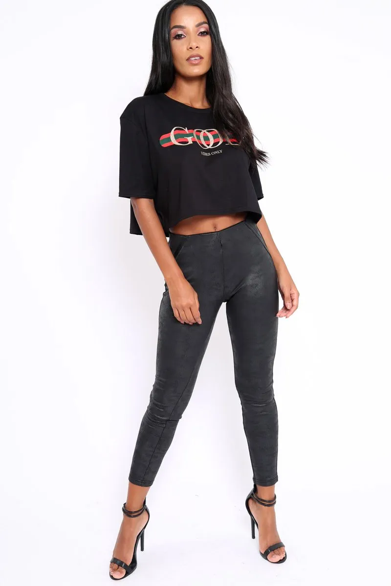 Black Good Vibes Only Cropped Slogan T-shirt - Emmah