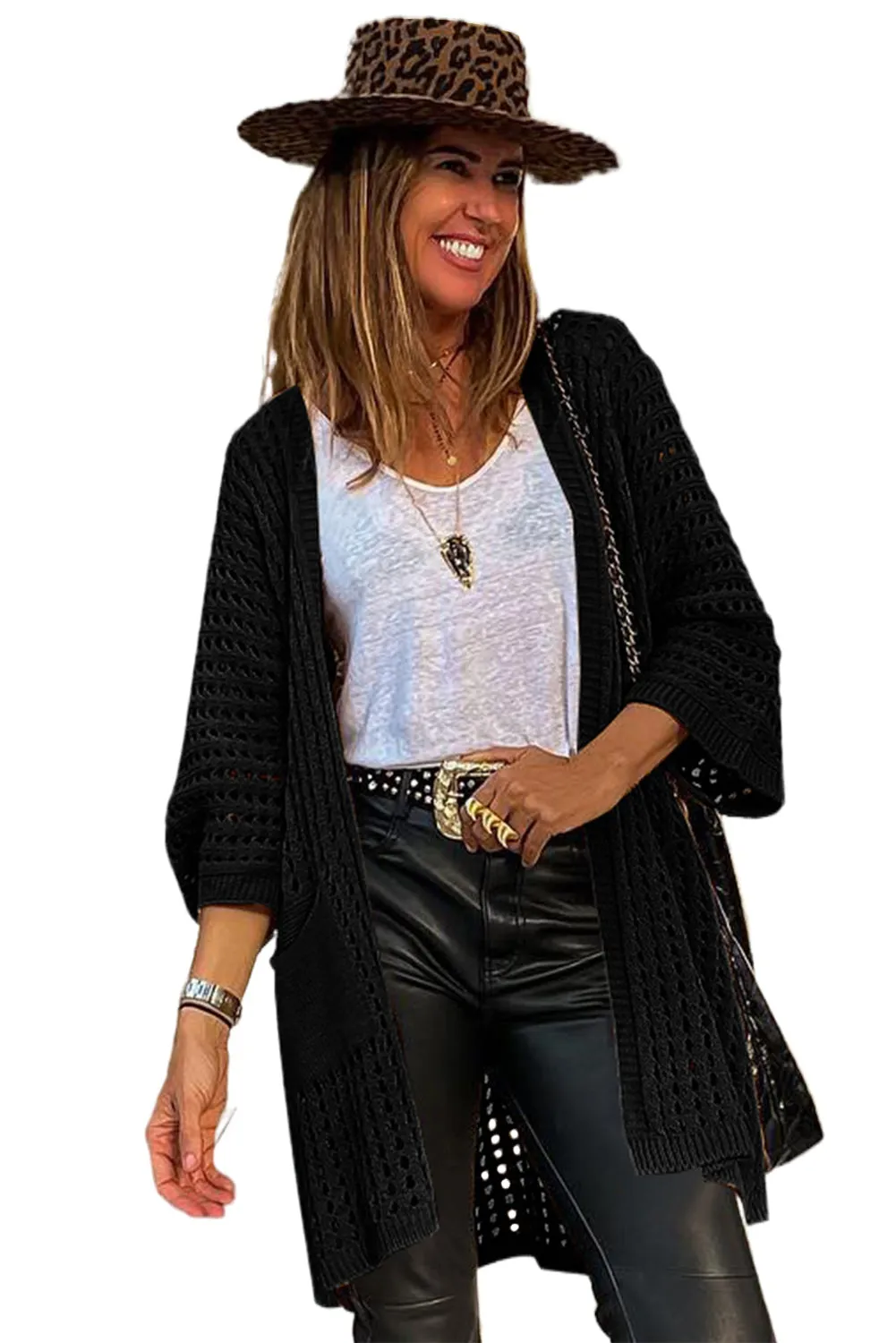 Black Pointelle Knit Pocket Open Front Cardigan