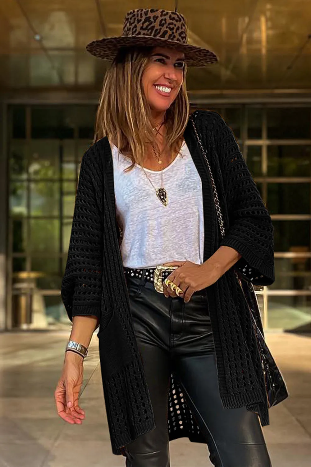 Black Pointelle Knit Pocket Open Front Cardigan