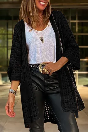 Black Pointelle Knit Pocket Open Front Cardigan