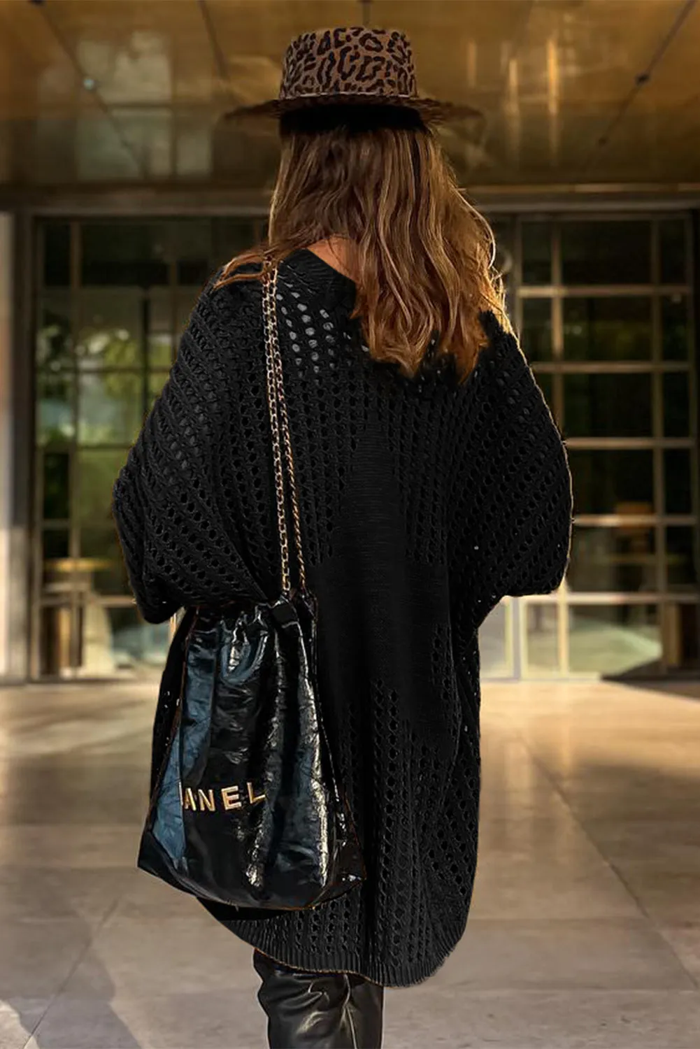 Black Pointelle Knit Pocket Open Front Cardigan