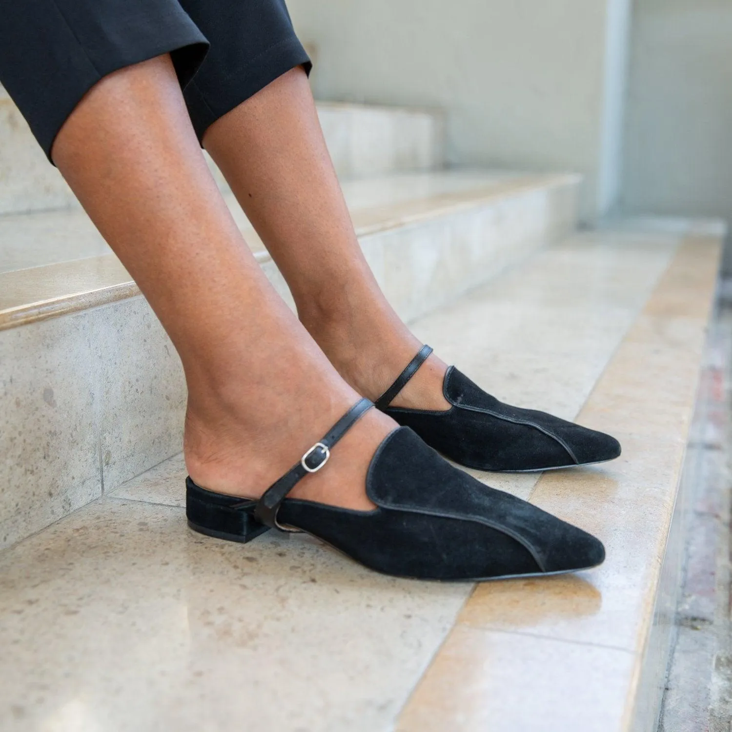 Black Suede Pointed Loafer   Black Twiggy Strap