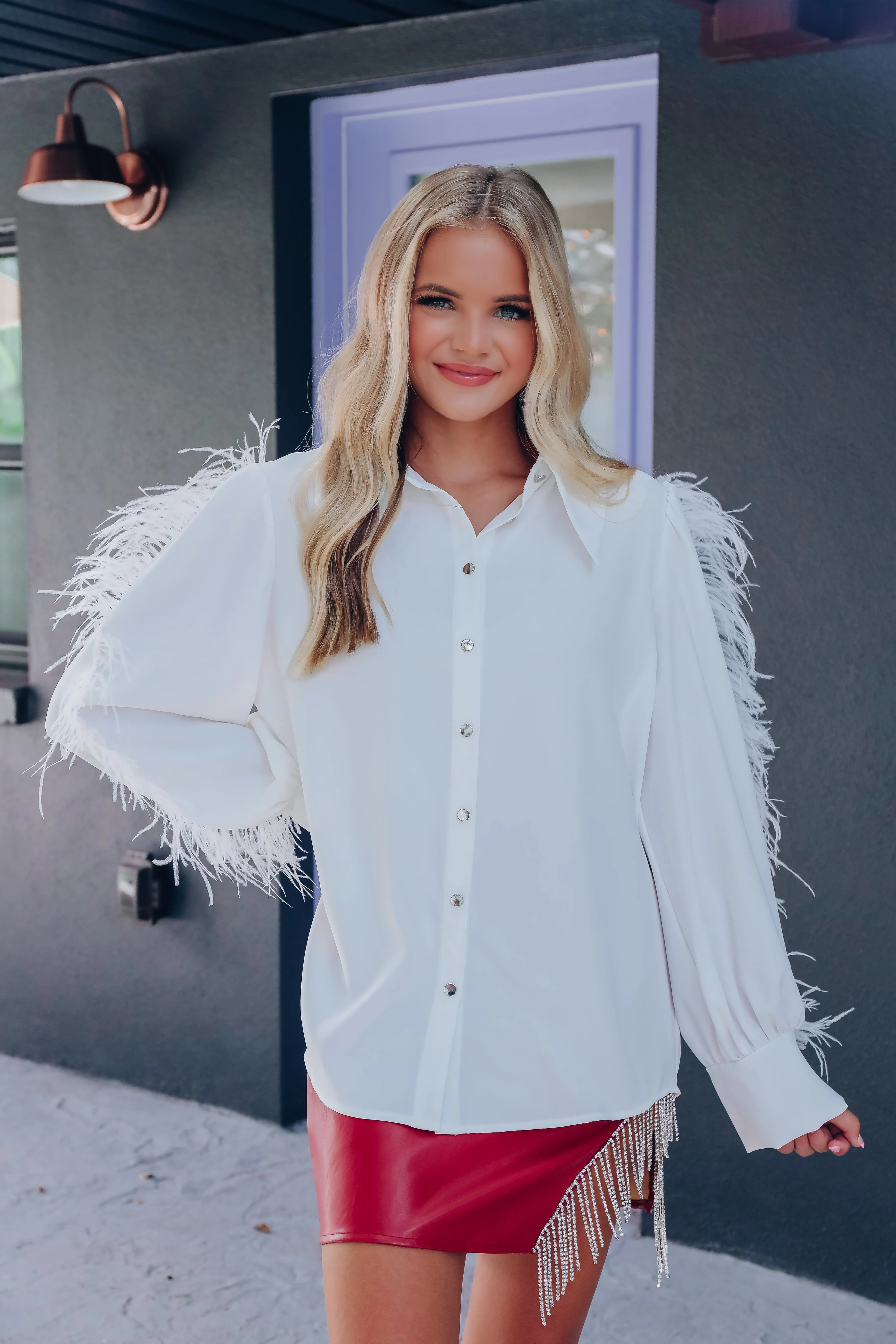 Celestial Feather Trim Button Up Blouse - White
