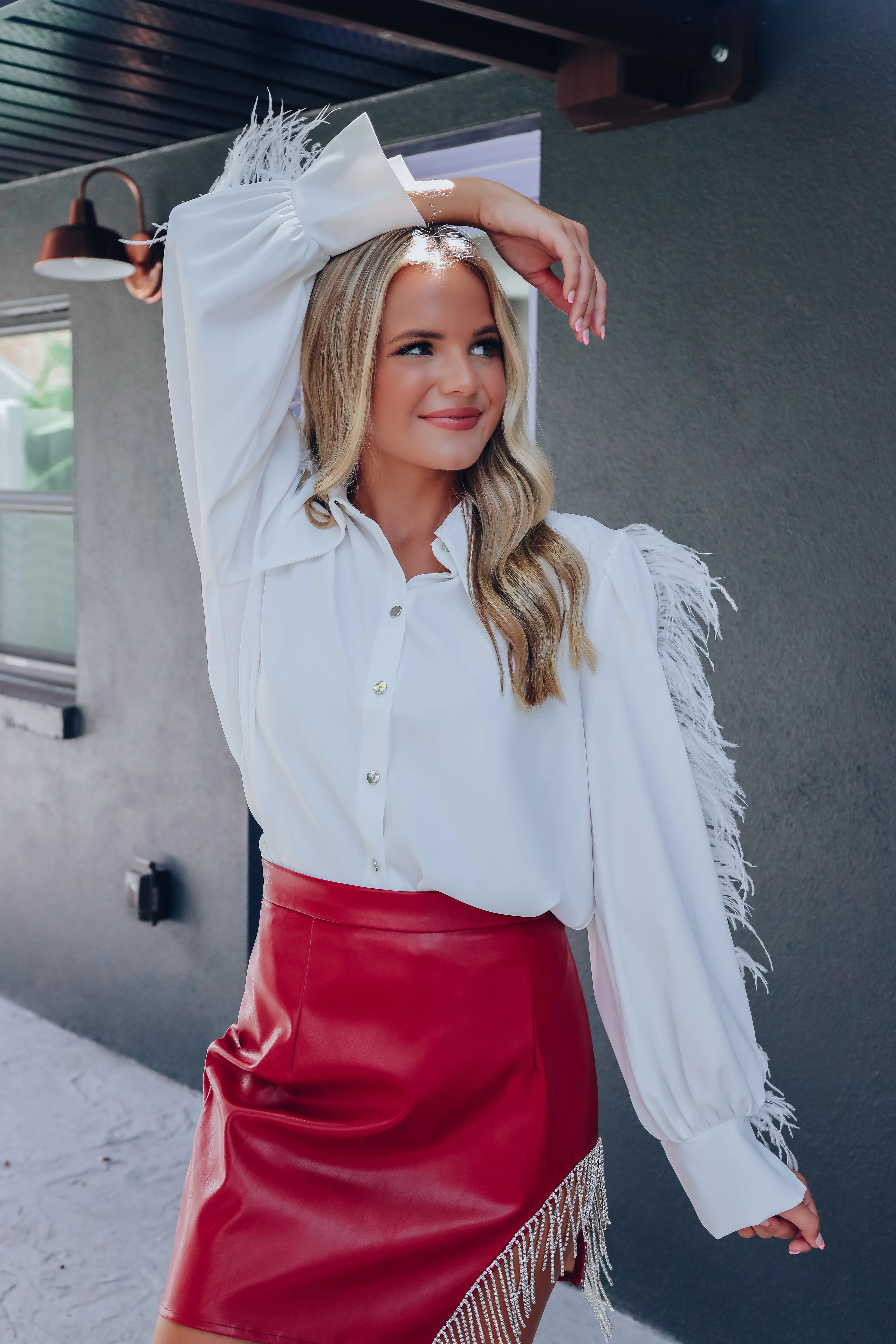 Celestial Feather Trim Button Up Blouse - White