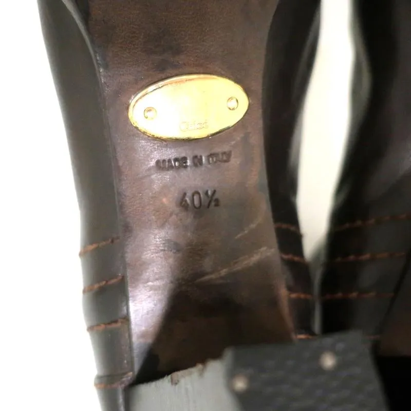 Chloe Ankle Boots Dark Brown Leather Size 40.5 High Heel Booties