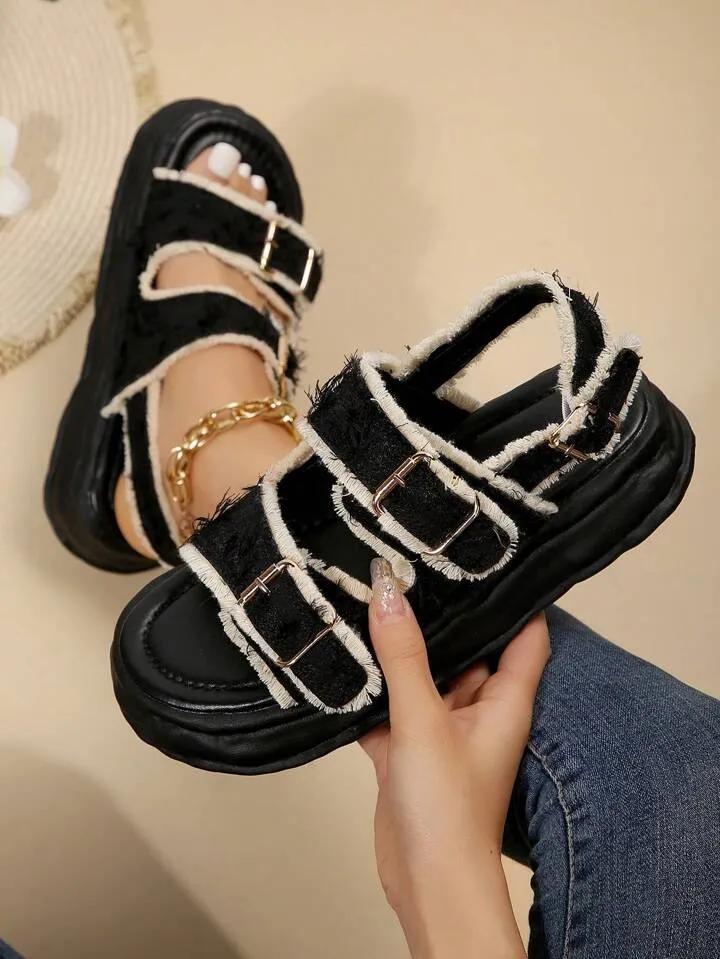 CM-SHS266076 Women Trendy Seoul Style Raw Trim Decor Open Toe Flatform Sandals - Black