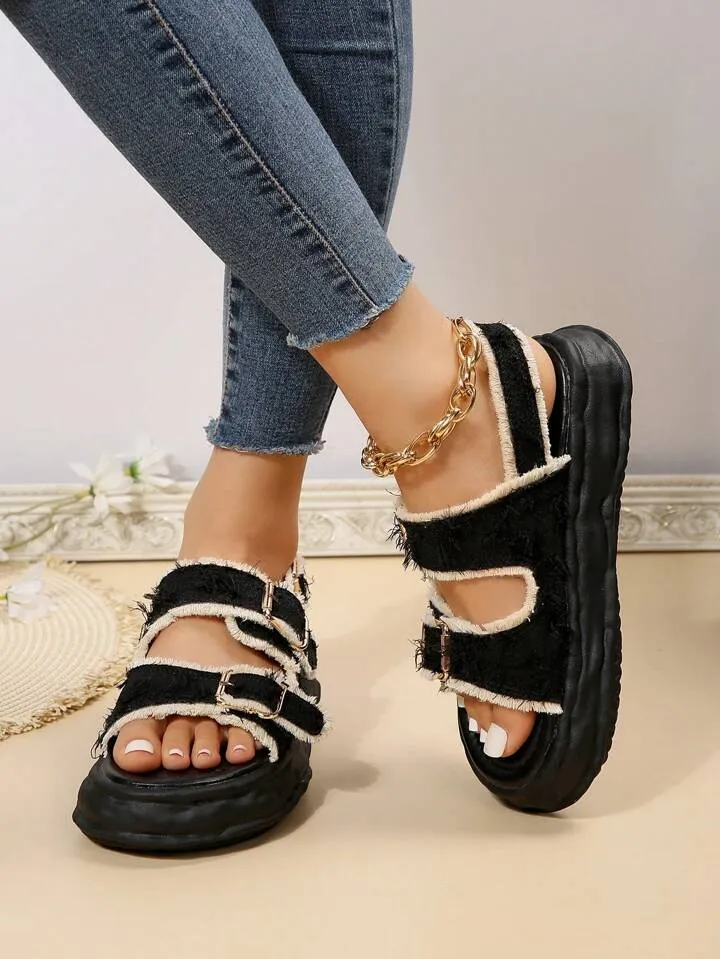 CM-SHS266076 Women Trendy Seoul Style Raw Trim Decor Open Toe Flatform Sandals - Black