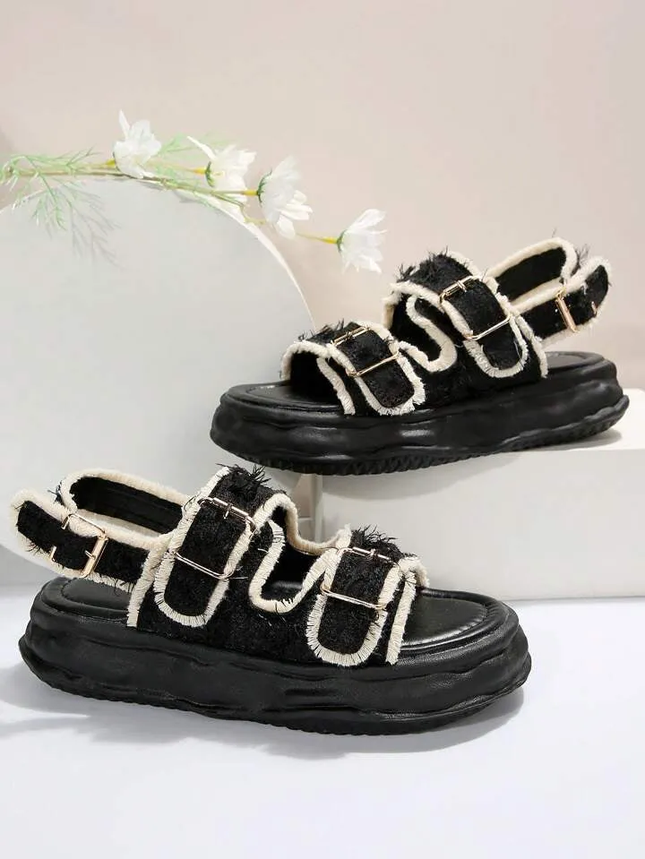 CM-SHS266076 Women Trendy Seoul Style Raw Trim Decor Open Toe Flatform Sandals - Black