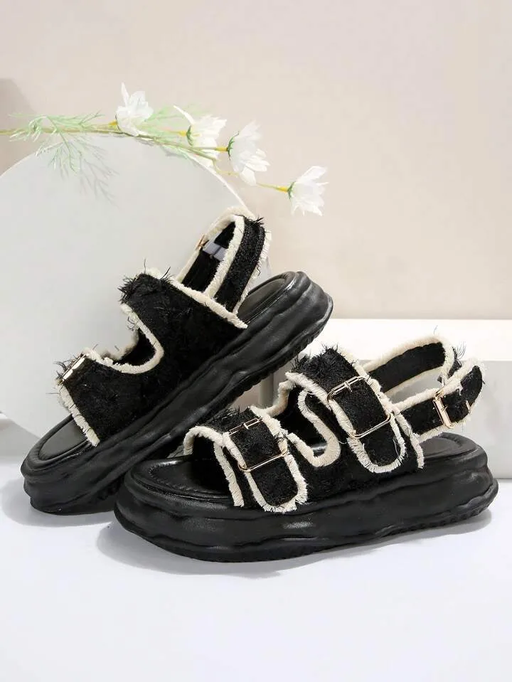 CM-SHS266076 Women Trendy Seoul Style Raw Trim Decor Open Toe Flatform Sandals - Black