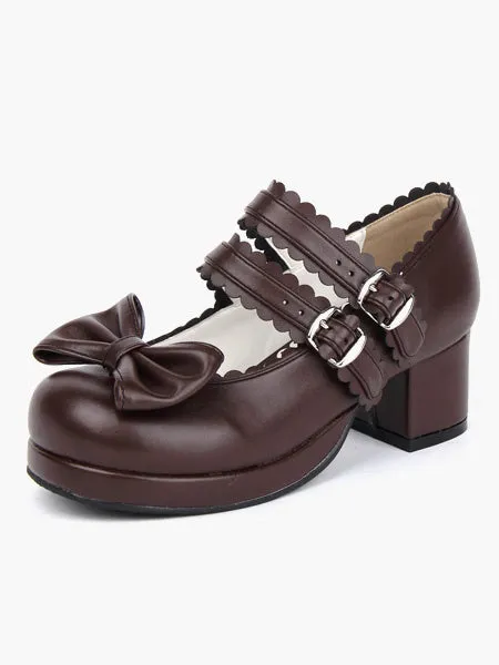 Coffee Brown Lolita Chunky Heels Shoes Square Heels Ankle Straps Buckles Bow Decor