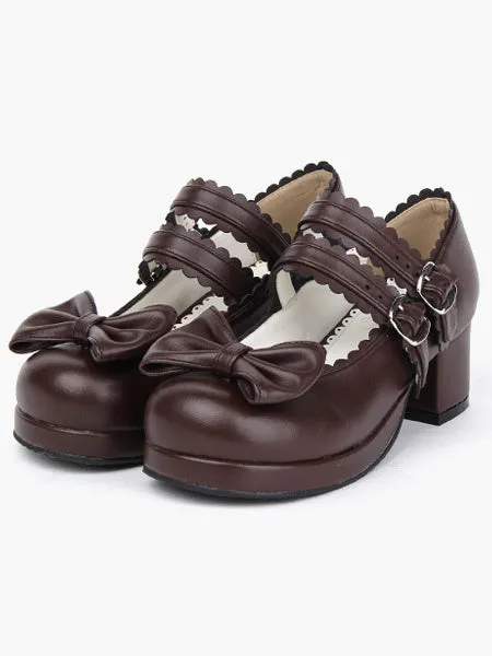 Coffee Brown Lolita Chunky Heels Shoes Square Heels Ankle Straps Buckles Bow Decor