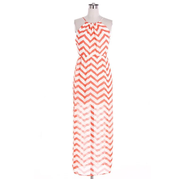 Coral Chevron Open Back Maxi Dress