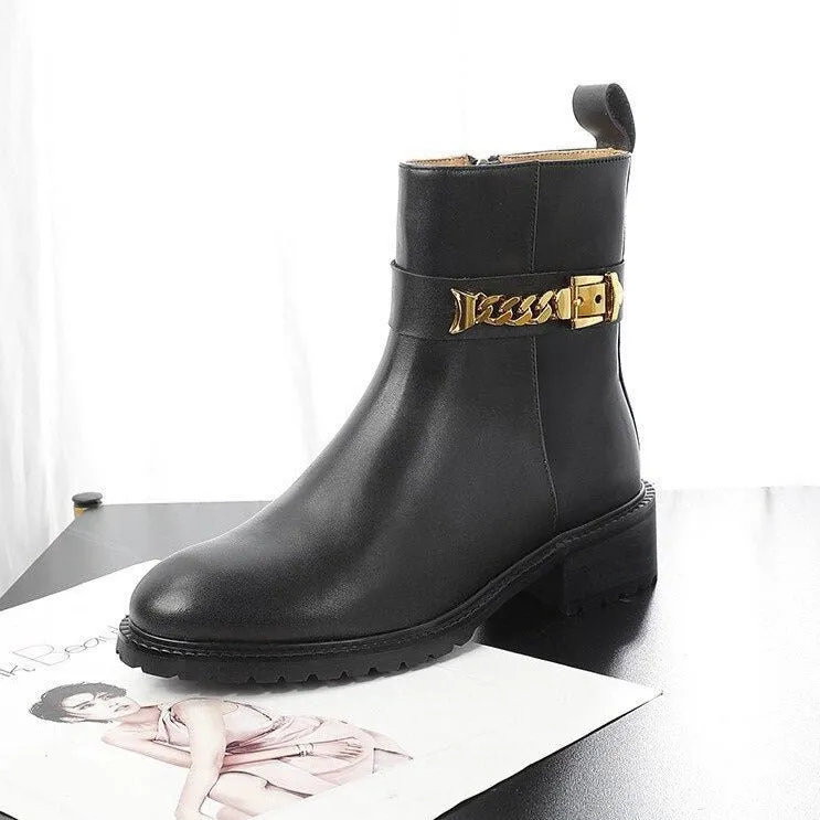 Cow Leather Metal Chain Chelsea Boots Women Chunky Shoes