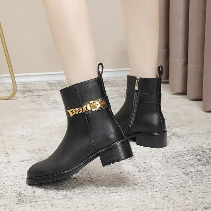 Cow Leather Metal Chain Chelsea Boots Women Chunky Shoes