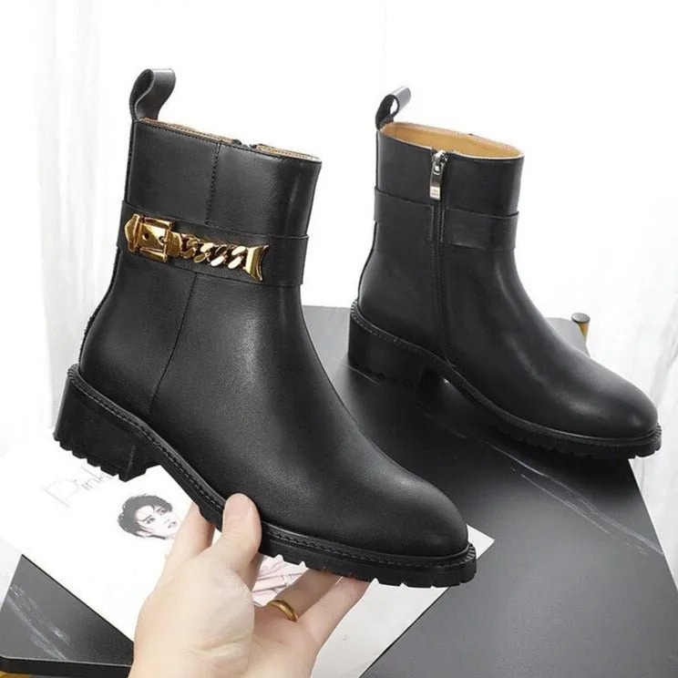 Cow Leather Metal Chain Chelsea Boots Women Chunky Shoes