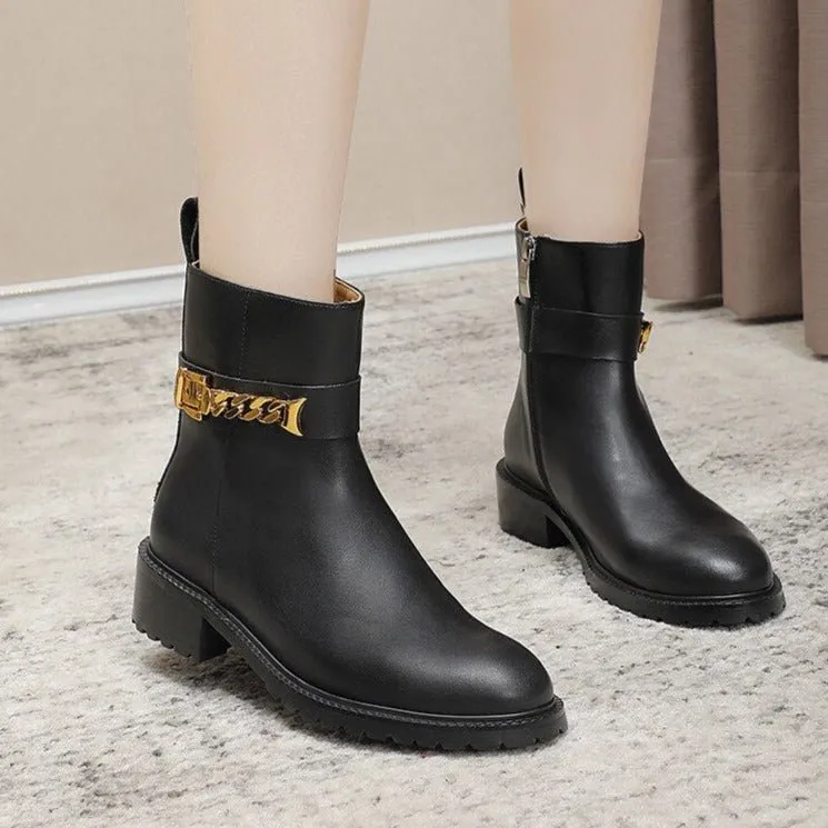 Cow Leather Metal Chain Chelsea Boots Women Chunky Shoes