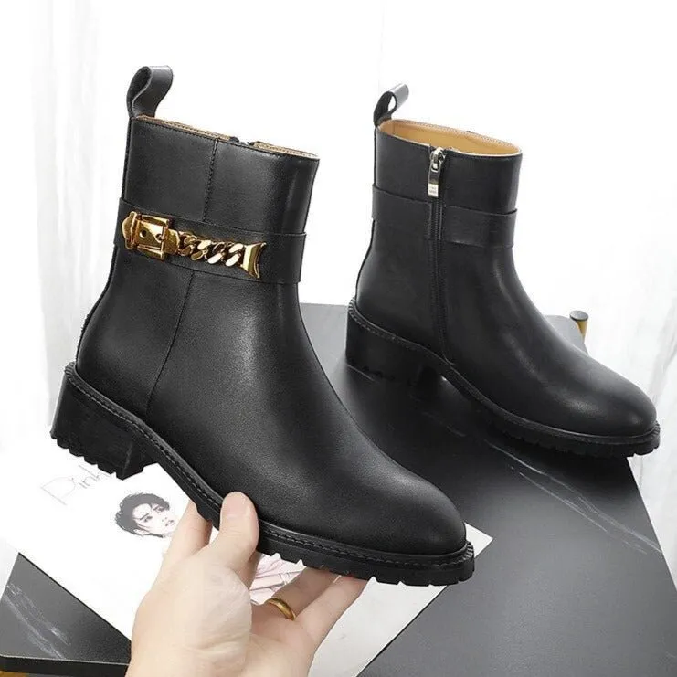 Cow Leather Metal Chain Chelsea Boots Women Chunky Shoes