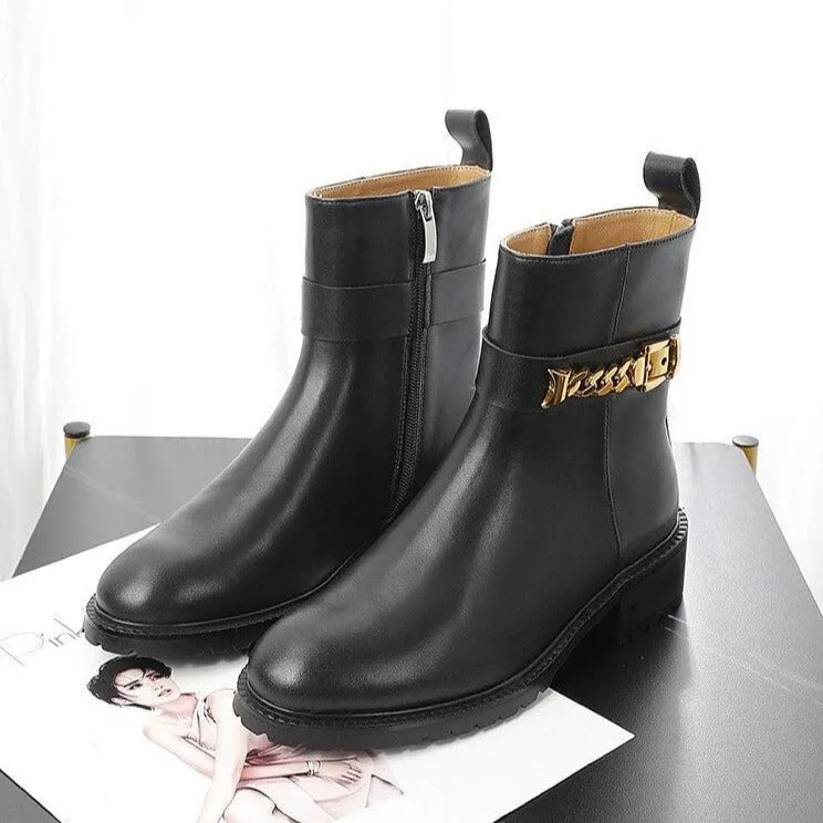 Cow Leather Metal Chain Chelsea Boots Women Chunky Shoes