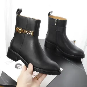 Cow Leather Metal Chain Chelsea Boots Women Chunky Shoes