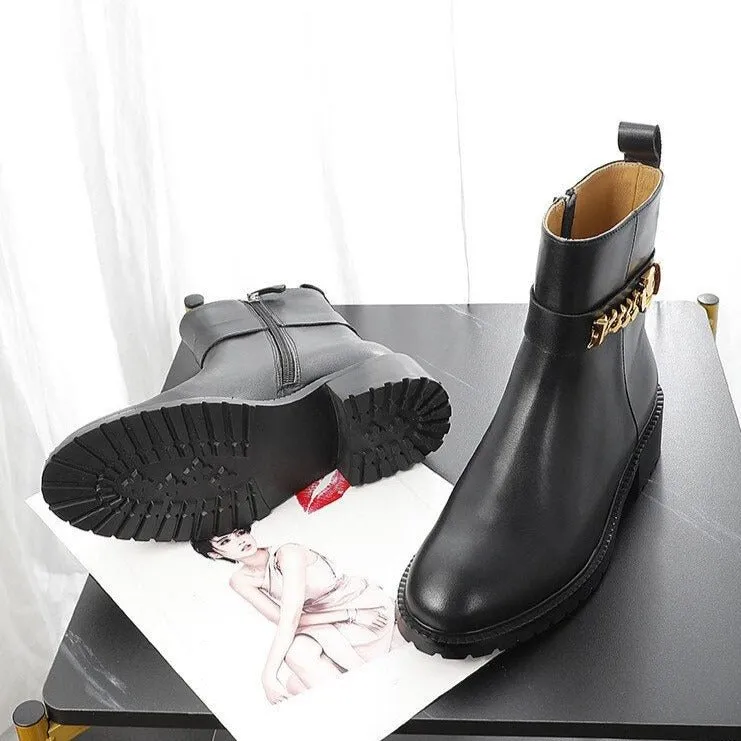 Cow Leather Metal Chain Chelsea Boots Women Chunky Shoes