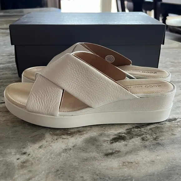 ECCO TOUCH SANDAL PLATEAU Off White Leather Wedge Sandal  Lightweight Multi Size