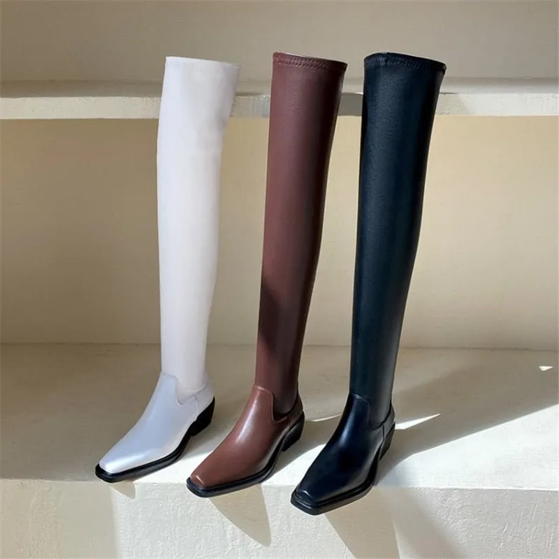 Elasticity Crude Heel Cowhide Slip On Zipper Boot For Women