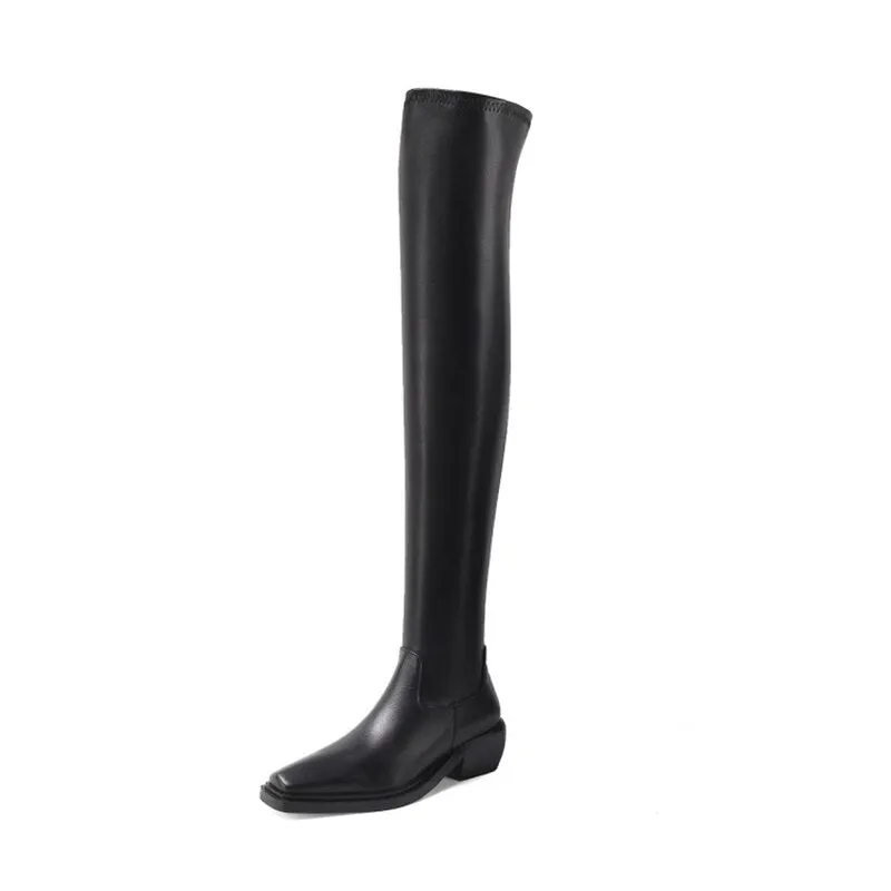 Elasticity Crude Heel Cowhide Slip On Zipper Boot For Women