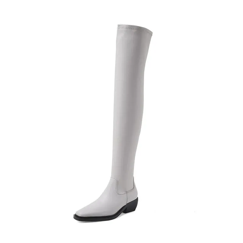 Elasticity Crude Heel Cowhide Slip On Zipper Boot For Women