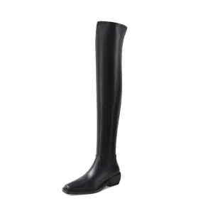Elasticity Crude Heel Cowhide Slip On Zipper Boot For Women